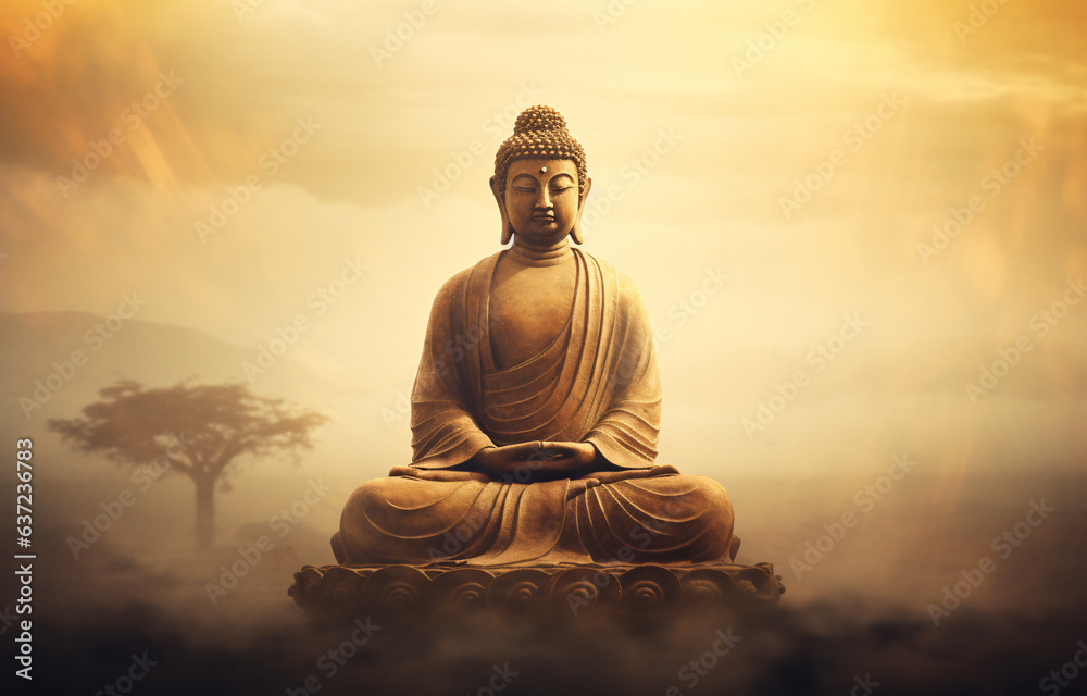 A statue of Amitabha Buddha in meditation pose in the middle of mist, vintage style 