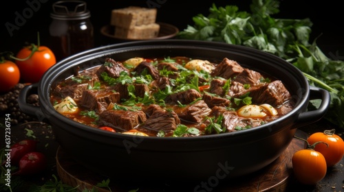 A delicious Hungarian goulash with beef and paprika. Traditional food photography. Generative AI.