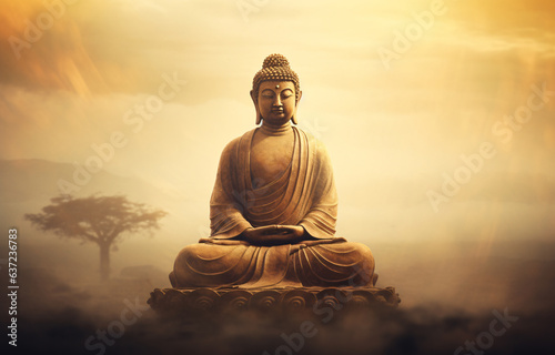 A statue of Amitabha Buddha in meditation pose in the middle of mist, vintage style  photo
