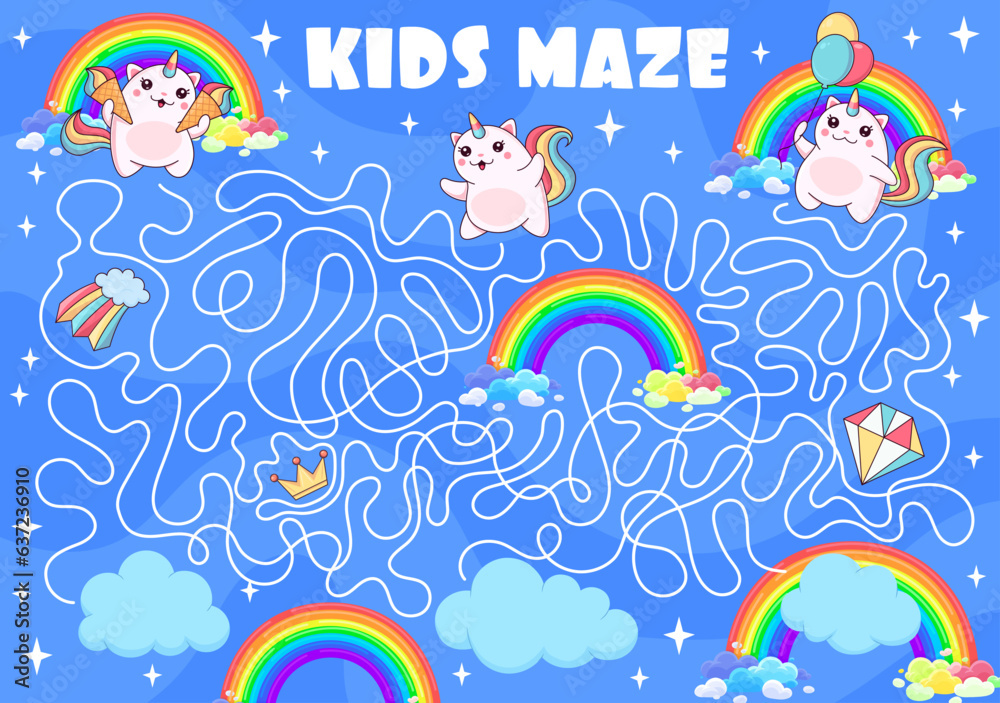Kids labyrinth maze. Help to caticorn cat and kitten characters find magic items. Labyrinth puzzle, search path game or quiz vector worksheet with fairytale caticorn cat funny personage on rainbow