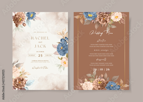 set of wedding invitation card template with dry rose flowers and leaves decoration