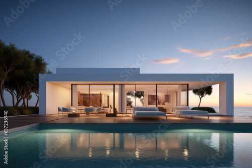 Exterior of modern minimalist cubic villa with swimming pool at sunset © Kien