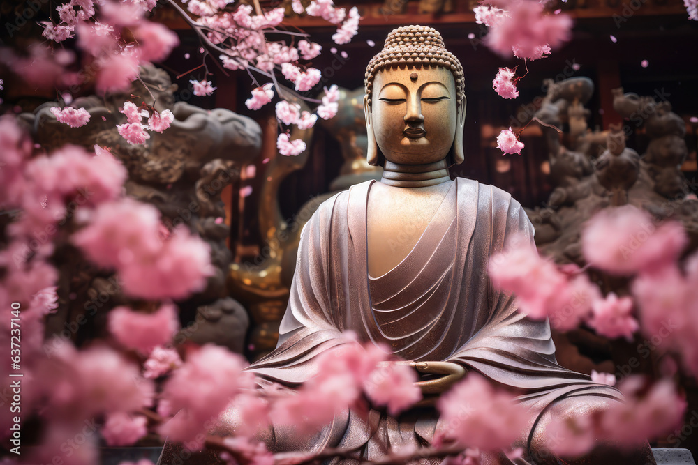 gold buddha statue and cherry blossom, generative AI	
