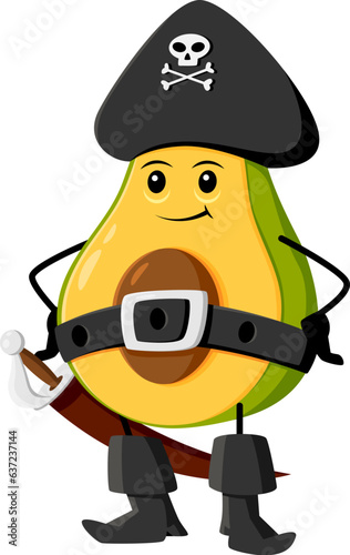 Cartoon avocado pirate and corsair tex mex mexican food character. Isolated vector confident captain fruit. Caribbean filibuster personage, armed with a gleaming saber, stands with arms akimbo