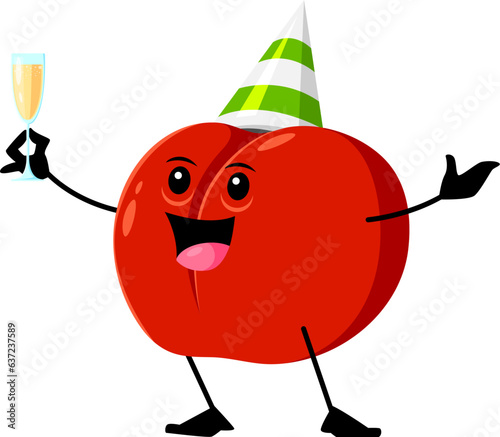 Cartoon Christmas ripe raw red apple fruit character wearing striped festive hat, holding wineglass with champagne. Isolated vector fresh healthy plant personage celebrate New year or Xmas party