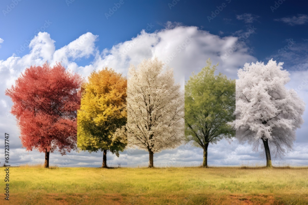 Changing seasons. Trees transition, leaves shift hues, vibrant autumn foliage paints the landscape.
