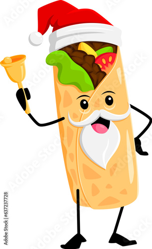 Christmas tex mex mexican burrito character wear Santa claus hat joyfully rings a bell. Isolated vector tasty street food father Noel personage celebrate xmas holiday cheer with a whimsical touch