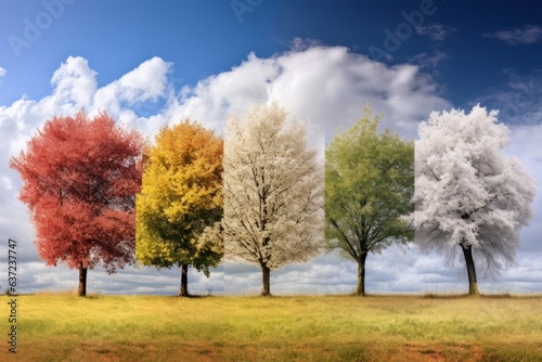 Changing seasons. Trees transition, leaves shift hues, vibrant autumn foliage paints the landscape.