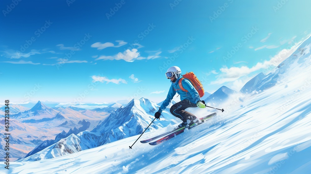Skier on piste running downhill in beautiful Alpine landscape. Blue sky on background