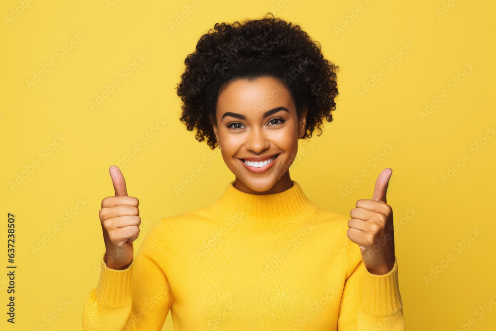 Woman Thumbs Up Looking at You Black Woman Yellow Background