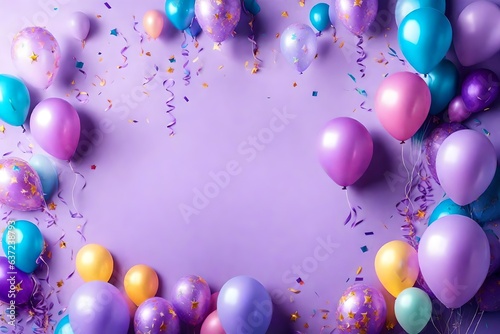 Beautiful happy birthday colorful balloons and confetti on a purple background