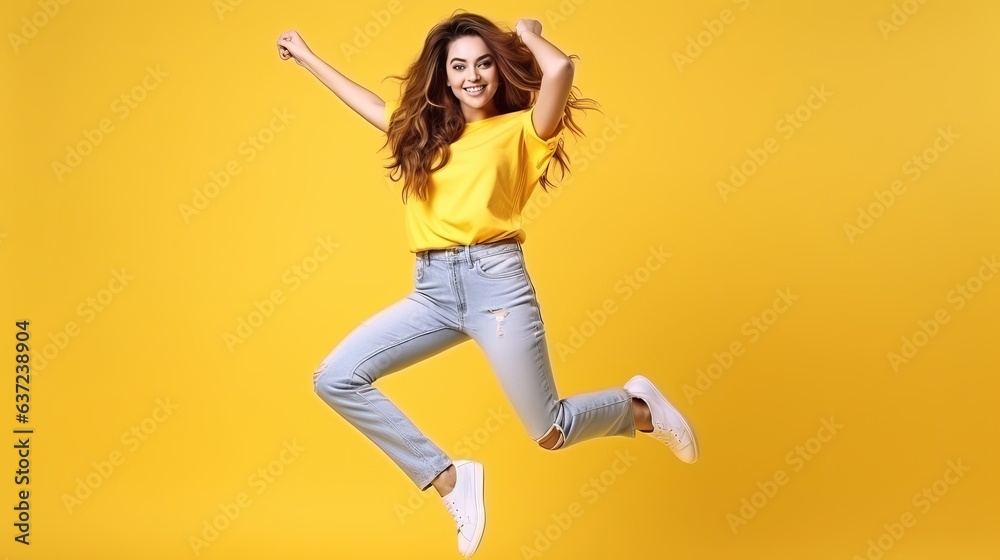 Full length photo of shiny lovely young lady wear casual denim outfit smiling dancing isolated yellow color background