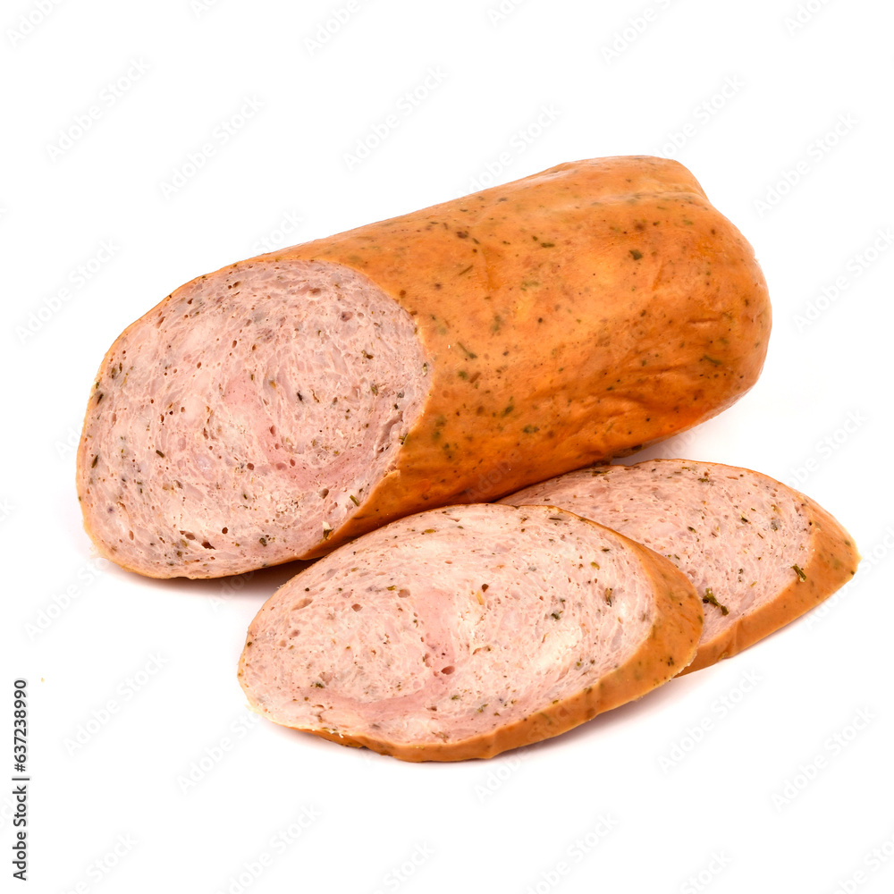 Sausage boiled-smoked Biktashevskaya on a white background Sausage boiled-smoked Biktashevskaya on a white background