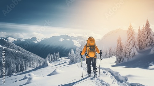 Mountaineer backcountry ski walking ski alpinist in the mountains. Ski touring in alpine landscape with snowy trees. Adventure winter sport photo