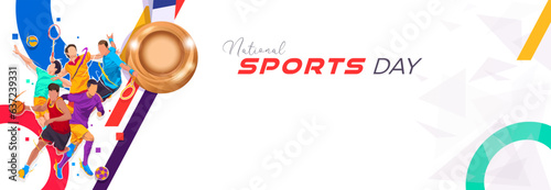 National sports background - national Sports Day Celebration, dynamic background with footballers, basketball, volleyball and tennis. national day