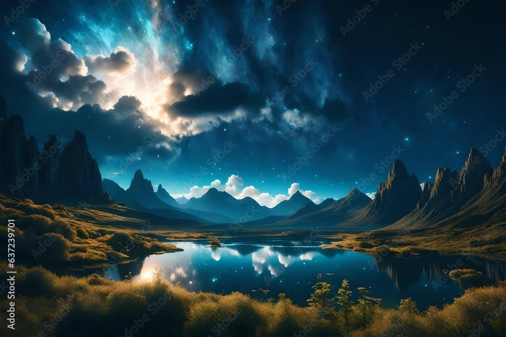 Fantasy landscape with shining cloudy night sky. Meditation and spiritual life