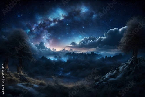 Fantasy landscape night sky view with night space view. Generative AI