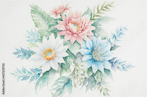 Watercolor art background vector. Wallpaper design with winter flower paint brush line art. © mangolovemom