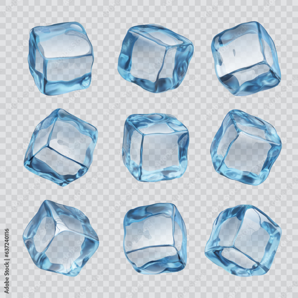Realistic ice cubes and crystals pieces isolated on transparent background. 3d vector solid frozen water cubes, used to cool drinks and preserve perishables. Made by freezing water in trays or molds Realistic ice cubes and crystals pieces isolated on transparent background. 3d vector solid frozen water cubes, used to cool drinks and preserve perishables. Made by freezing water in trays or molds