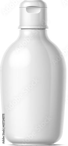 Realistic cosmetics product bottle, plastic container isolated 3d vector mockup. White sleek cosmetic flask with secure cap, designed to dispense the perfect amount of product. Blank packaging object
