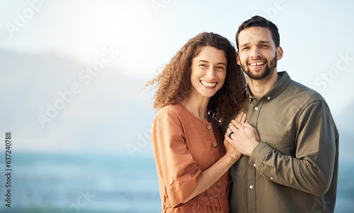 Couple, hug and happiness at the beach, love and care with bonding, travel and trust in a marriage. Life partner, mockup space and adventure in nature, people on holiday with respect and romance