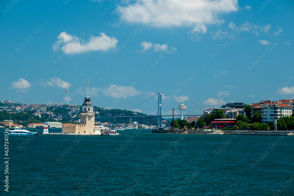 Maiden's Tower or Kiz Kulesi located in the middle of Bosporus. Panorama İstanbul. Selective Focus Tower.