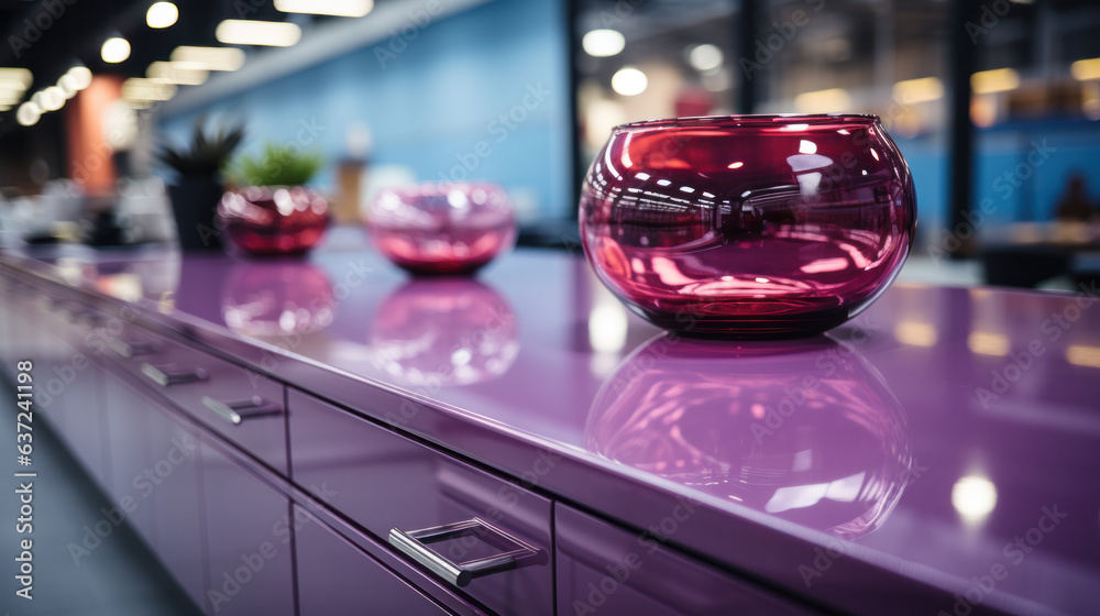 Purple Glance Kitchen in modern style with light worktop with kitchen utensils.
