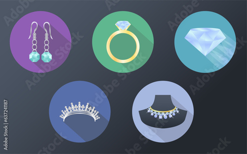 bijouterie flat icon vector illustration, set of diamond jewelry flat icon