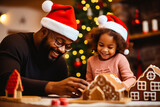 Father and Daughter building a Gingerbread House together for Christmas. Happy family traditions and decorations for the holiday season. Shallow field of view.