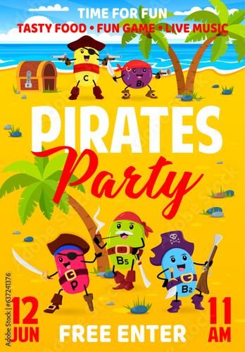Kids party flyer. Cartoon vitamin pirates and corsairs on tropical island. Children holiday event promo vector banner or party poster with C, B1, P and B5 vitamin pills pirates cheerful personages
