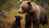 Grizzly bear and her cub in the summer forest.