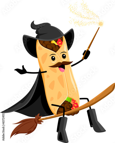 Cartoon Halloween burrito tex mex food wizard and mage character. Isolated vector whimsical mexican meal personage wields magical powers, riding a broomstick, casting spells and spreading joy