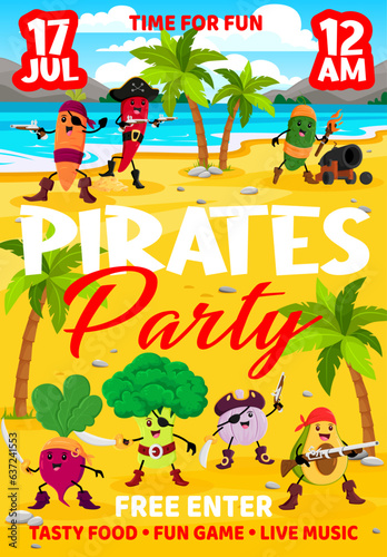 Kids party flyer. Cartoon vegetable pirates and corsairs characters on treasure island vector poster with cute personages of fresh farm carrot, pepper, cucumber and garlic pirates and sailors