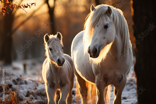 Horses are standing in the golden sunset. Generative ai