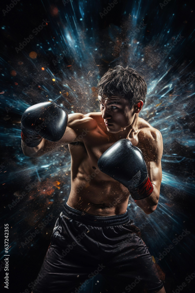 Young man boxing in a dark room, in the style of precisionist lines