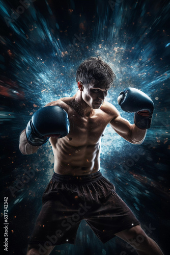 Young man boxing in a dark room, in the style of precisionist lines © katobonsai