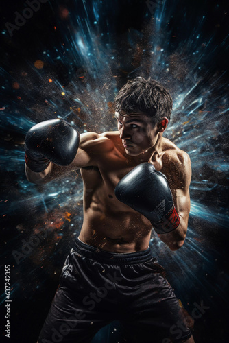 Young man boxing in a dark room, in the style of precisionist lines © katobonsai