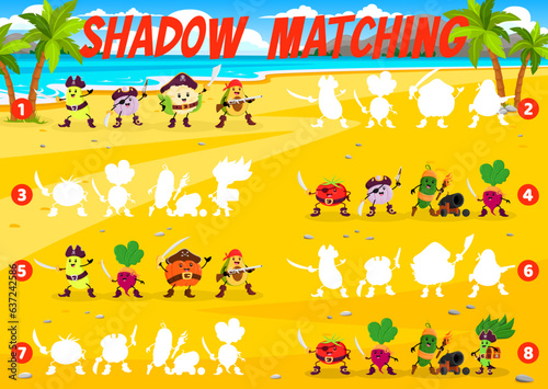 Shadow matching game, cartoon vegetable pirate or corsair characters. Find a correct silhouette of squash, cauliflower, soy bean and and radish. Garlic, avocado and pumpkin or cucumber with tomato