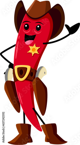 Cartoon red hot chili pepper sheriff character. Isolated vector spicy plant, Wild West policeman embodies spice and authority with a Western twist, ready to add a fiery kick to any culinary adventure