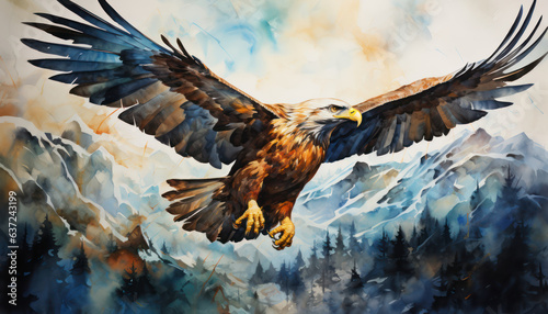 eagle in the sky : red tailed hawk : eagle in flight : hunter eagle : a eagle flying over the mountain : chaser eagle illustration, Generative AI © Bidesh