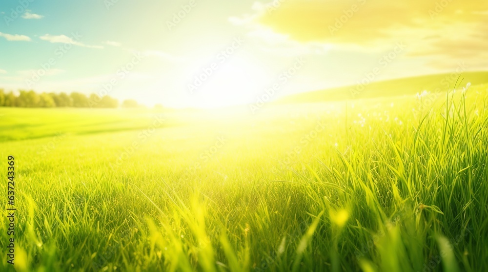 Spring Green Grass Sunset Views: Artistic Background. Generative AI.
