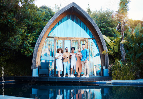 Garden lodge, glamping and friends portrait at a cabin with luxury accommodation and modern architecture. Travel, holiday and people at destination in Bali for vacation and freedom at resort pool