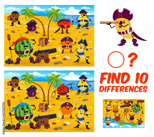 Find ten differences. Cartoon fruit pirates and corsairs characters kids game worksheet. Vector matching puzzle with pirate treasure island, funny orange, apple, mango and banana fruits personages