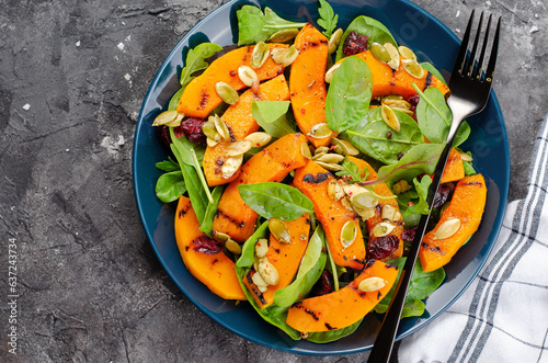 Grilled Pumpkin Salad with Arugula, Spinach, and Pumpkin Seeds, Salad Mix with Roasted Pumpkin, Autumn Salad