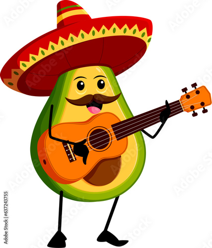 Cartoon mexican mariachi musician avocado character in sombrero hat playing a guitar. Isolated vector amusing tropical fruit personage perform musical concert during Cinco de Mayo holiday celebration