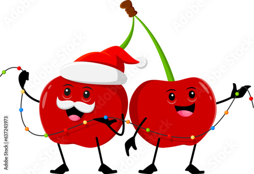 Cartoon Christmas holiday cherry berry characters with light garland. Isolated vector garden berries couple wear Santa Claus hat ready to celebration. Cute and funny personages prepare for Xmas eve