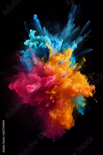 Colored powder explosion. Abstract closeup dust on backdrop. Colorful explode