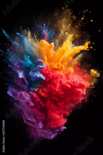Colorful rainbow holi paint splash  color powder explosion  black background.