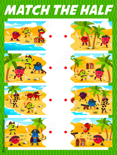 Match the half of cartoon berry pirate and corsair characters. Vector game worksheet with bird cherry  blueberry  gooseberry and grape. Cranberry  raspberry or strawberry buccaneers on treasure island