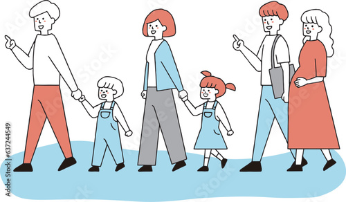 歩いている家族　夫婦